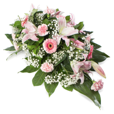 Single Ended Spray SYM-303 - Pink Single Ended Spray. Approx. 75cm long / 45cm width. This type of funeral arrangement needs at least 1 working day's notice to deliver.