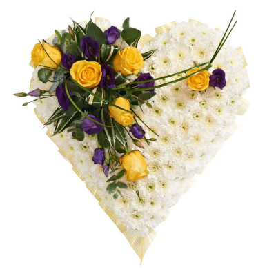 Heart SYM-324 - White Massed Heart with Yellow & Purple Spray. A beautiful arrangement to send to a funeral. Approx size 33cm x 33cm / 13” Solid Oasis Heart Frame. Ribbon edge in Lemon.