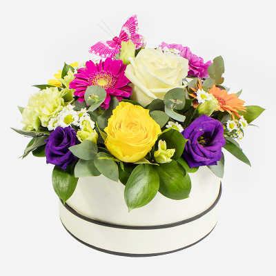 Simply The Best - A beautiful hat-box filled with a vibrant collection of flowers and foliage.
