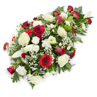 Single Ended Spray SYM-301 - Red & White Single Ended Spray. A beautiful classic arrangement to send for a funeral. Approx. size 75cm long and 45cm wide.