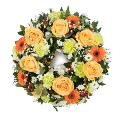 Wreath SYM-315 - Classic Wreath in Peach & Green. 36cm / 14” Oasis Wreath Frame. *Fine Print: Every product is hand made and delivered by the local florist.
