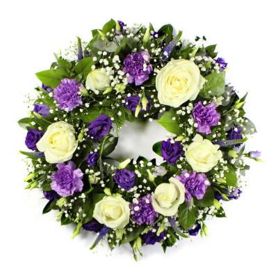 Wreath SYM-316 - Classic Wreath in Purple & White. Approx. size - 30cm / 12” Oasis Wreath Frame.