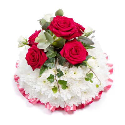 Posy SYM-344 - White Massed Base Posy with Red Rose Spray. Oasis 20cm / 8” Posy Pad. Ribbon edge.