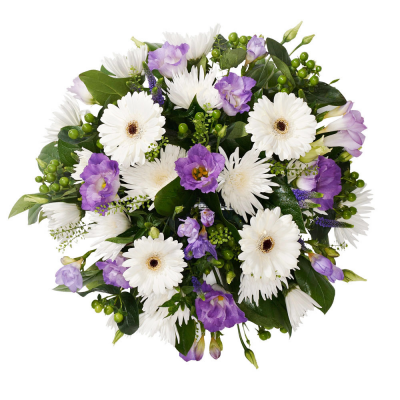 Posy SYM-345 - Lilac & White Posy for a funeral. The florist will arrange the flowers in oasis and deliver to the funeral director or the private address of your choice. 20cm / 8” Posy Pad.