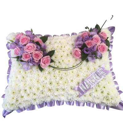 Pillow - Pillow, lilac ribbon, white base with lilac and pink spray.