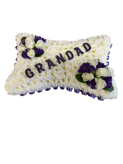 Pillow - Pillow with purple ribbon edge, purple and white spray. With a name of your choice across the pillow