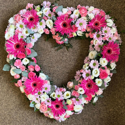 Pink Embrace Open Heart - A beautifully handcrafted open heart tribute in soft pink and white tones, created to express love, comfort and cherished memories.