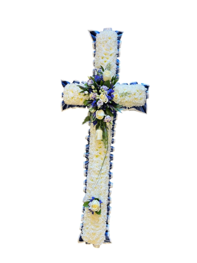 Heavenly Cross Tribute - A traditional floral cross in crisp white with blue accents, created as a meaningful symbol of love, faith and remembrance.