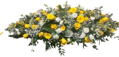 Golden Grace Coffin Spray - A graceful coffin spray in sunny yellow and white shades, thoughtfully crafted to honour treasured memories.