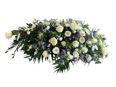Peaceful Remembrance Coffin Spray - An elegant coffin spray in soft white and purple tones, thoughtfully designed to offer a graceful and heartfelt farewell.