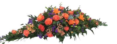 Orange and Purple Coffin Spray - A vibrant coffin spray filled with cheerful colours, celebrating a life lived with warmth, happiness and love.