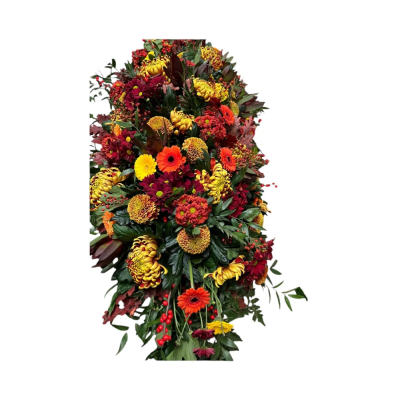 Orange and Yellow Coffin Spray - A vibrant coffin spray filled with warm colours, celebrating a life lived with warmth, happiness and love.