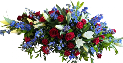 Red and Blue Coffin Spray - A traditional floral cross in red with blue and crisp white accents, created as a meaningful symbol of love, faith and remembrance.