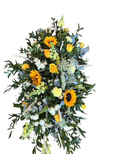 Yellow and White Coffin Spray - A vibrant coffin spray filled with cheerful colours, including sunflowers, celebrating a life lived with warmth, happiness and love.