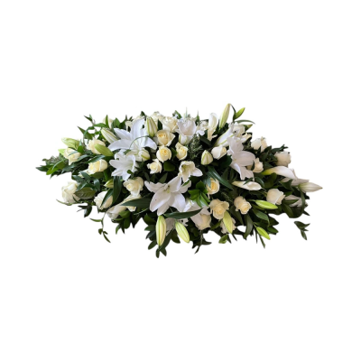 White Coffin Spray - A beautiful classic coffin spray with white lilies and white roses and foliage.
