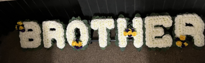 Brother - Brother with white base and green foliage edge. With yellow and purple sprays.